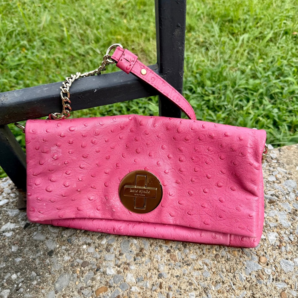 Kate Spade New York Pink Ostrich Embossed Leather Foldover Clutch Chain‎ Bag